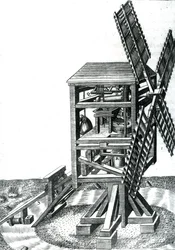 1588年に出版されたレナードゴルチエによって彫刻された「キャプテンアゴスティーノラメリの多様で人工的な機械」のラダー付き風車である図CXXXIII